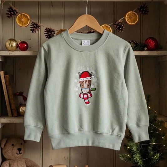 Jimmy Horse Embroidered Christmas Jumper – Sage Green