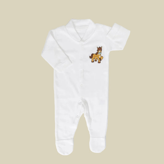 A white long-sleeve baby footed sleeper with a small cartoon horse graphic on the left chest, laid flat on a white background.
