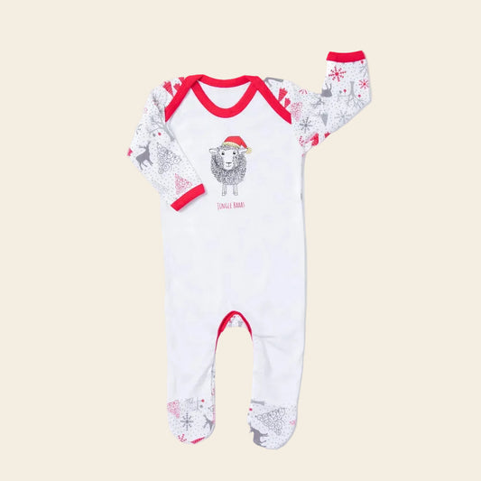 white sleepsuit with lamb on and red trim