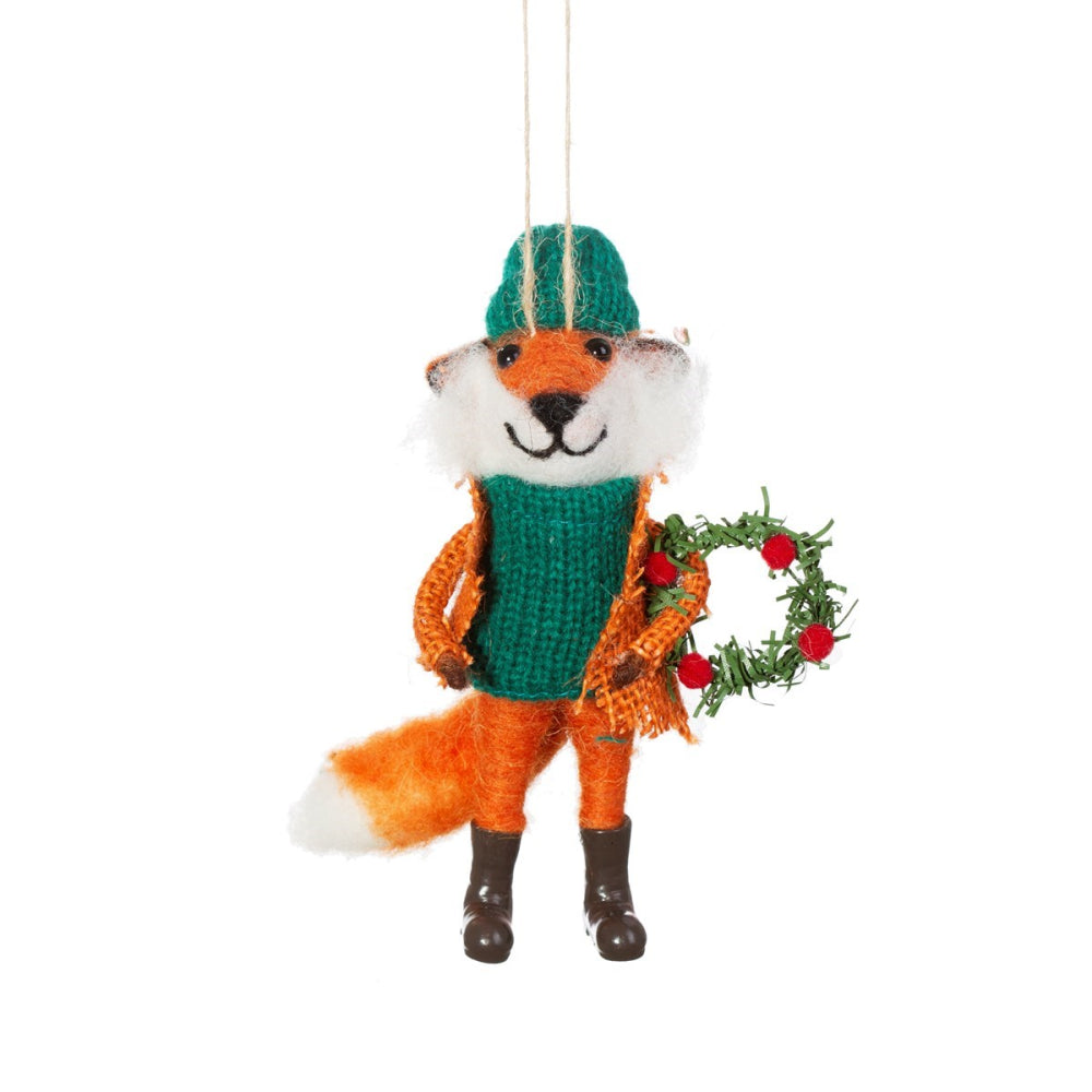 Fox with Wreath Felt Christmas Tree Decoration