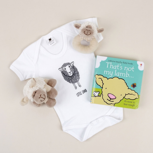 A baby gift set on a warm beige background, featuring a white short-sleeve bodysuit with a black sheep graphic and the text 'LITTLE LAMB', a soft plush sheep toy, and a children's board book titled 'That's not my lamb.