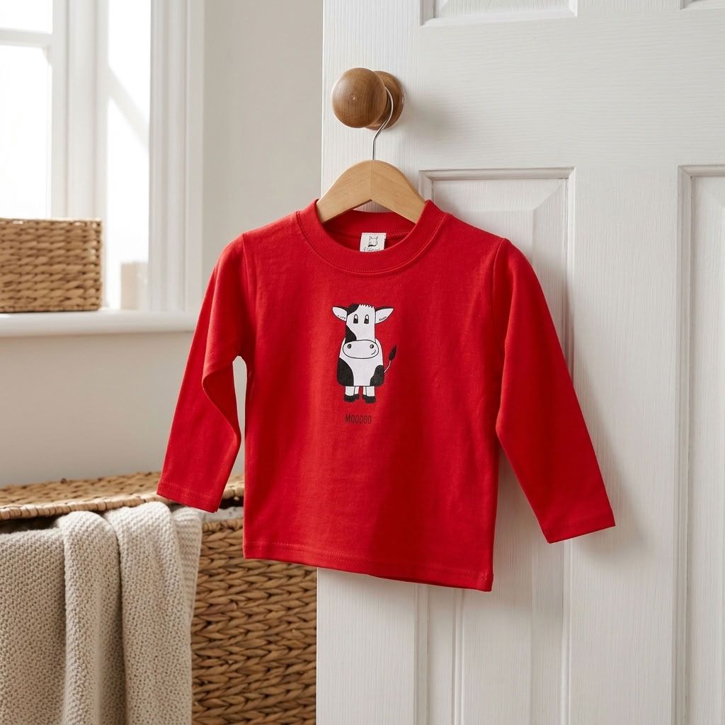A toddler's bright red long-sleeve t-shirt with a cartoon cow graphic on the chest, hanging on a wooden hanger from a door knob in a bright, clean room.