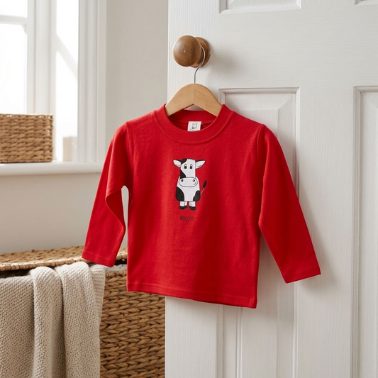 A toddler's bright red long-sleeve t-shirt with a cartoon cow graphic on the chest, hanging on a wooden hanger from a door knob in a bright, clean room.
