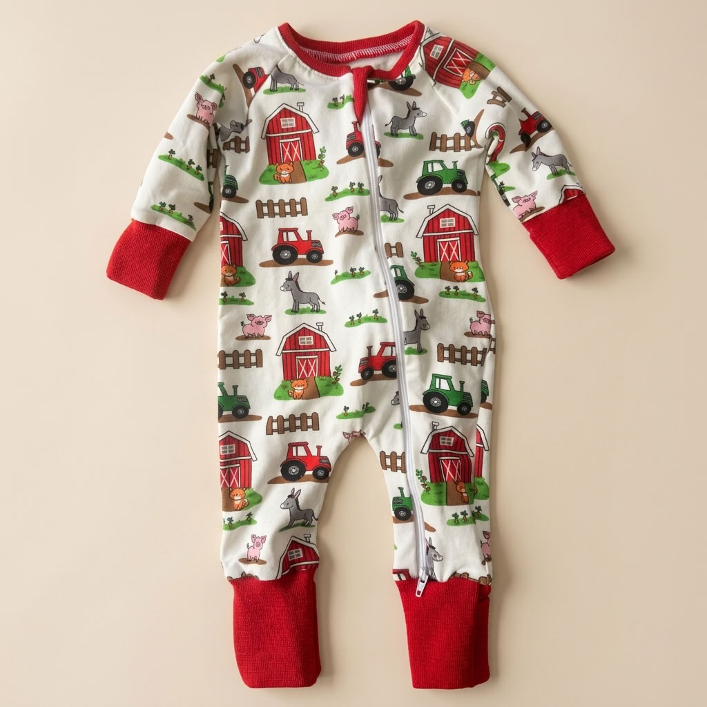 A baby's long-sleeve footed sleeper with a white background and a colorful farm animal print, featuring red cuffs and a red zipper.