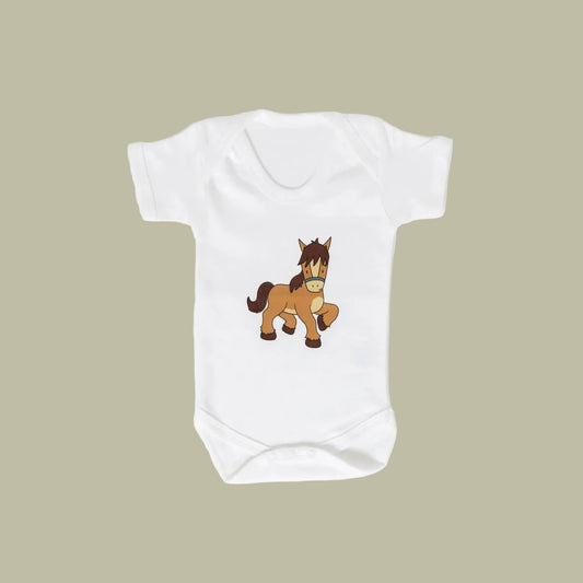 White baby onesie with a horse design on a white background