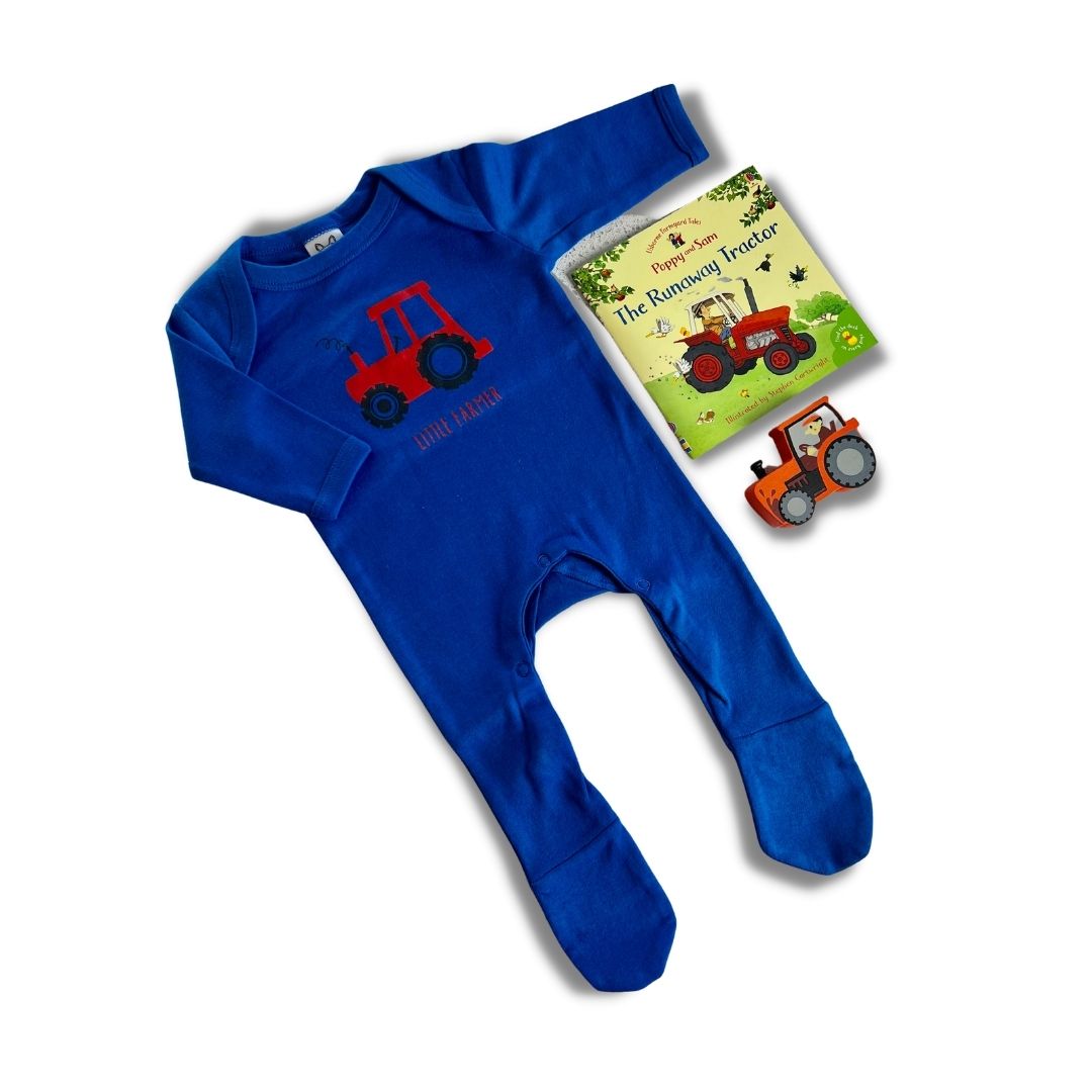 Flatlay of Little Farmer Baby Gift Set by Cotswold Baby Co 