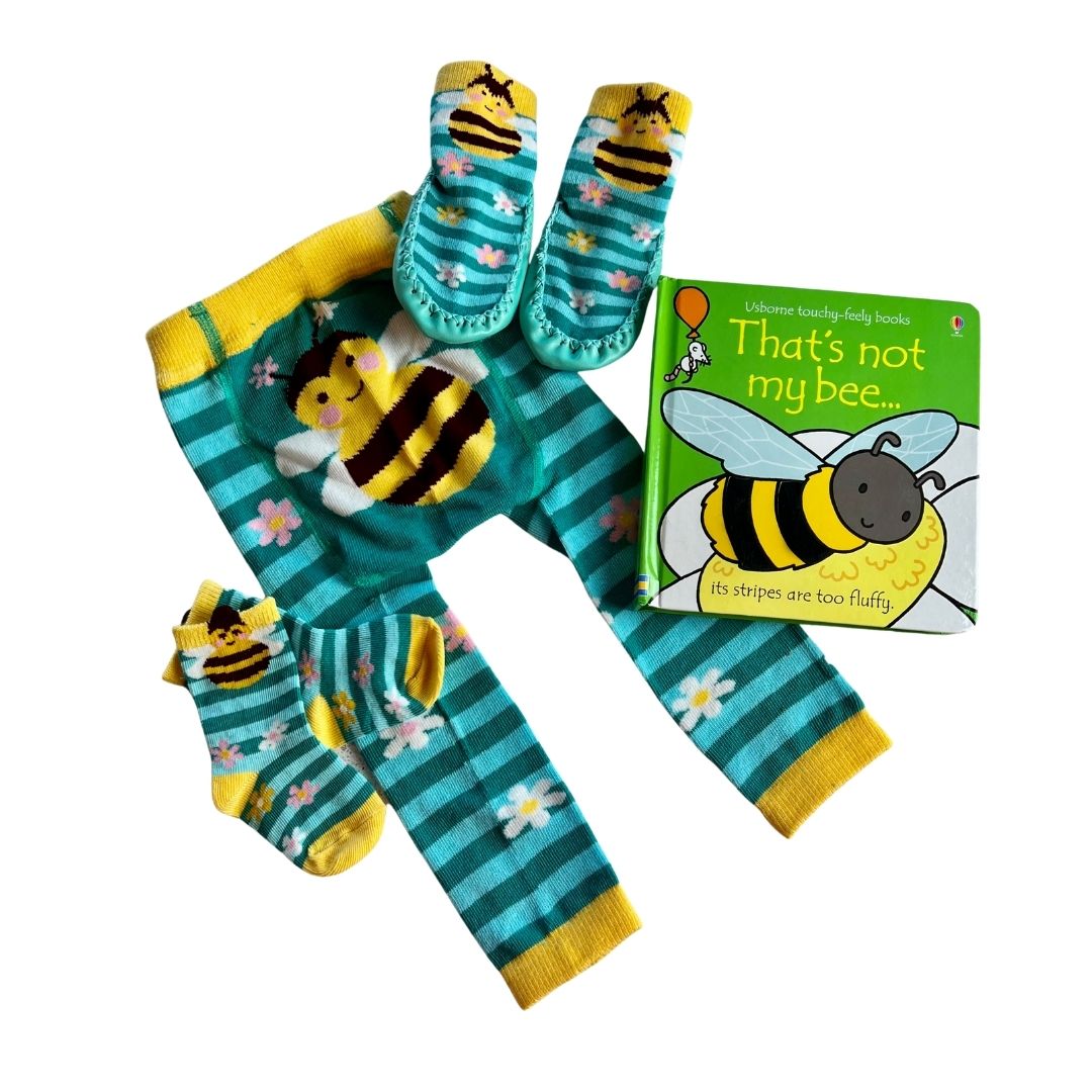 Little Bee Leggings, Socks and Slippers Kids Gift Set on a white background by Cotswold Baby Co