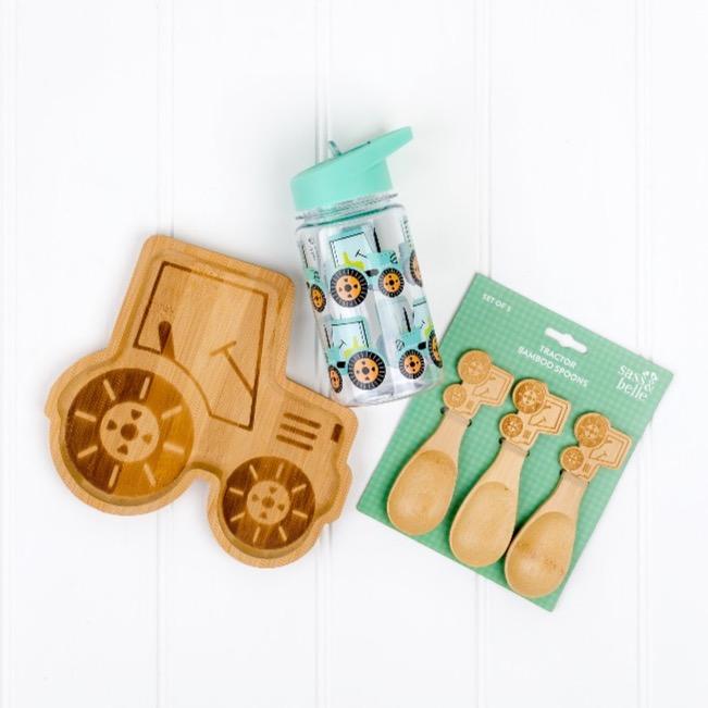 Tractor Bamboo Plate, Tractor Bamboo Spoons and Tractor Water bottle Gift Set | Cotswold Baby Co