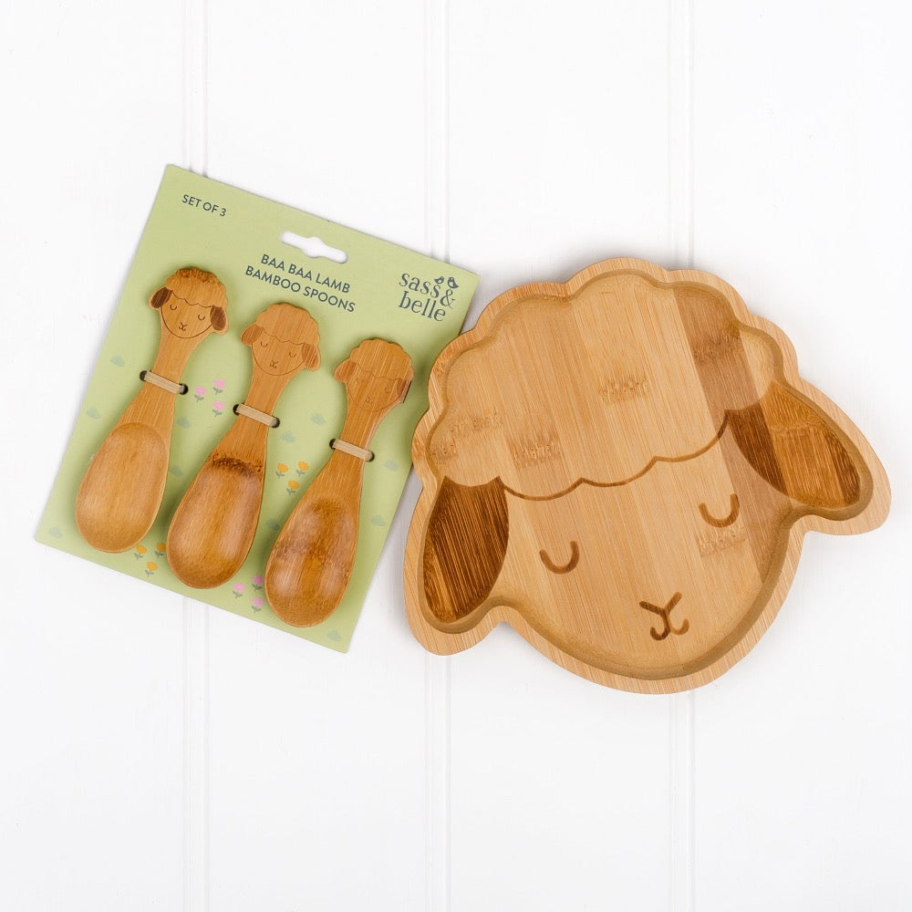 bamboo sheep plate and set of three bamboo spoons | Cotswold Baby Co