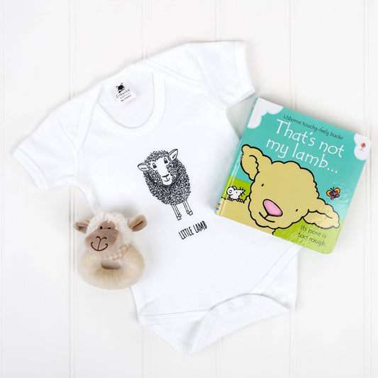 little lamb bodysuit, baby sheep rattle and that's not my lamb book | Cotswold Baby Co