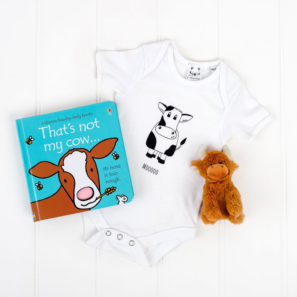 Moooo cow baby bodysuit, that's not my cow book and brown highland cow soft toy | Cotswold Baby Co