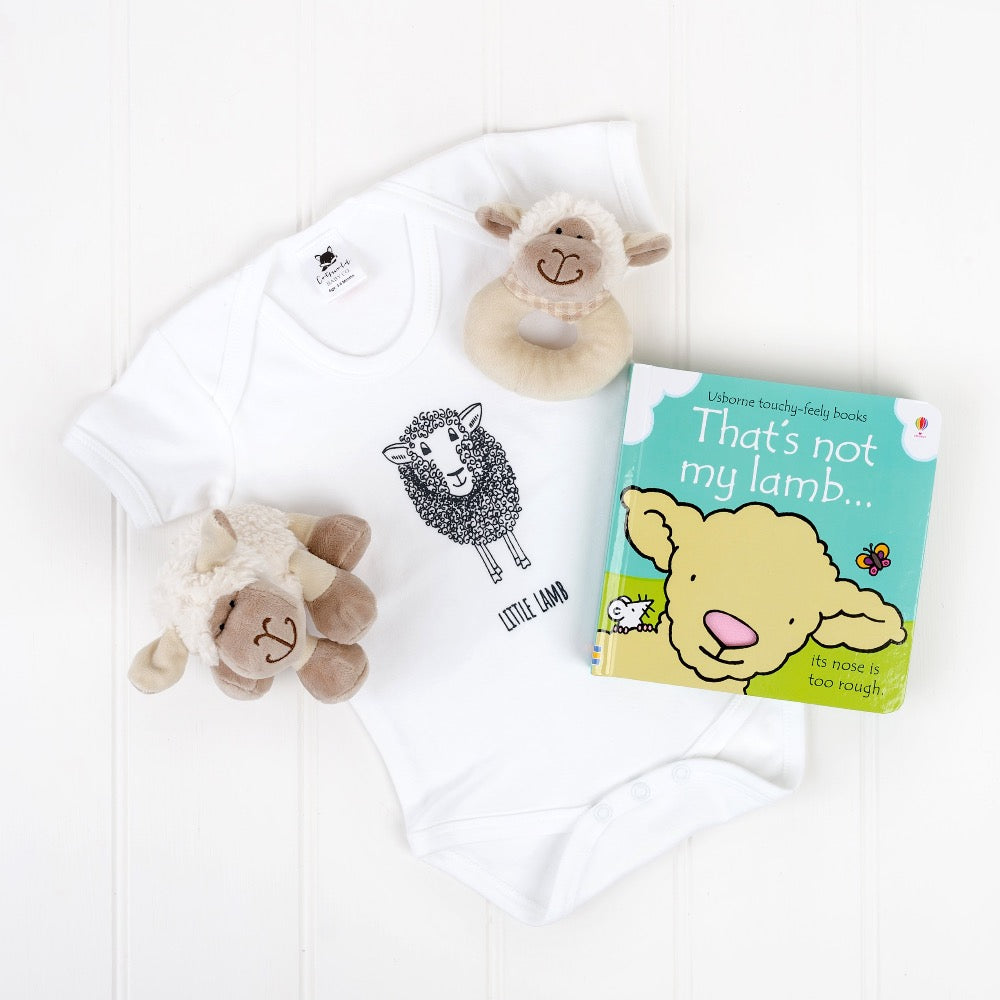 little lamb white bodysuit, that's not my lamb book, lamb baby rattle and little lamb white cuddly toy | Cotswold baby Co