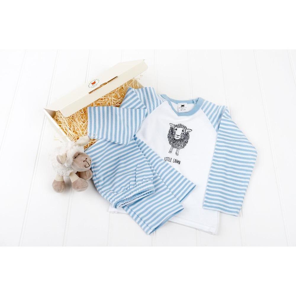 white cuddly toy sheep and blue and white striped little lamb pyjamas by Cotswold Baby Co