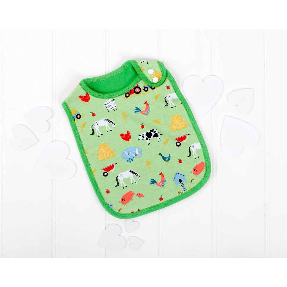 green baby bib with all over farm animal print | Cotswold Baby Co