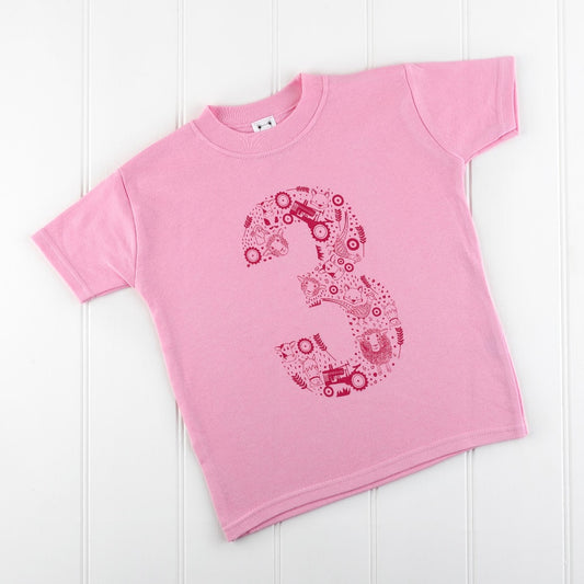 Fun In the Country Number Three Baby Pink T-shirt by Cotswold Baby Co