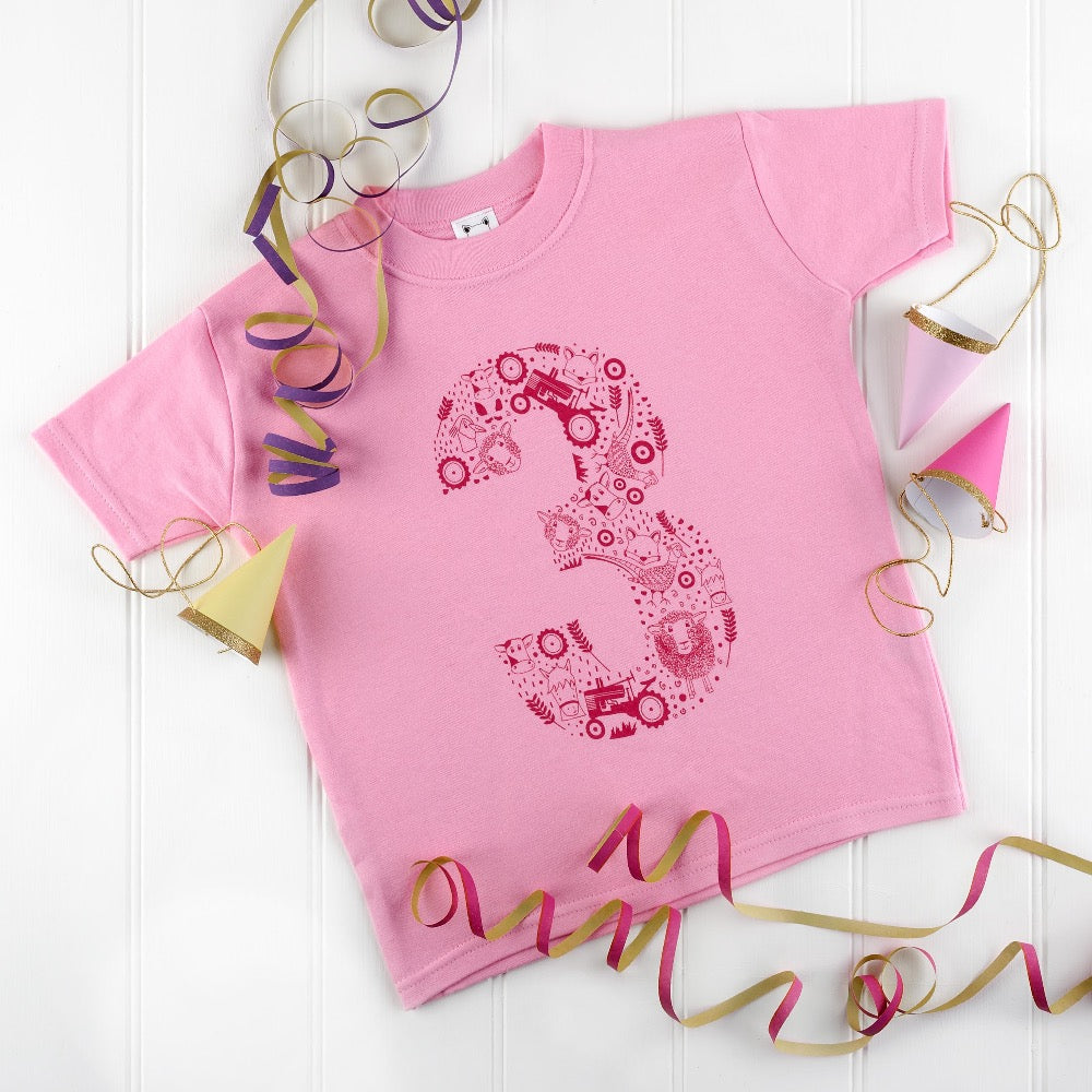 Fun In the Country Number Three Baby Pink T-shirt by Cotswold Baby Co