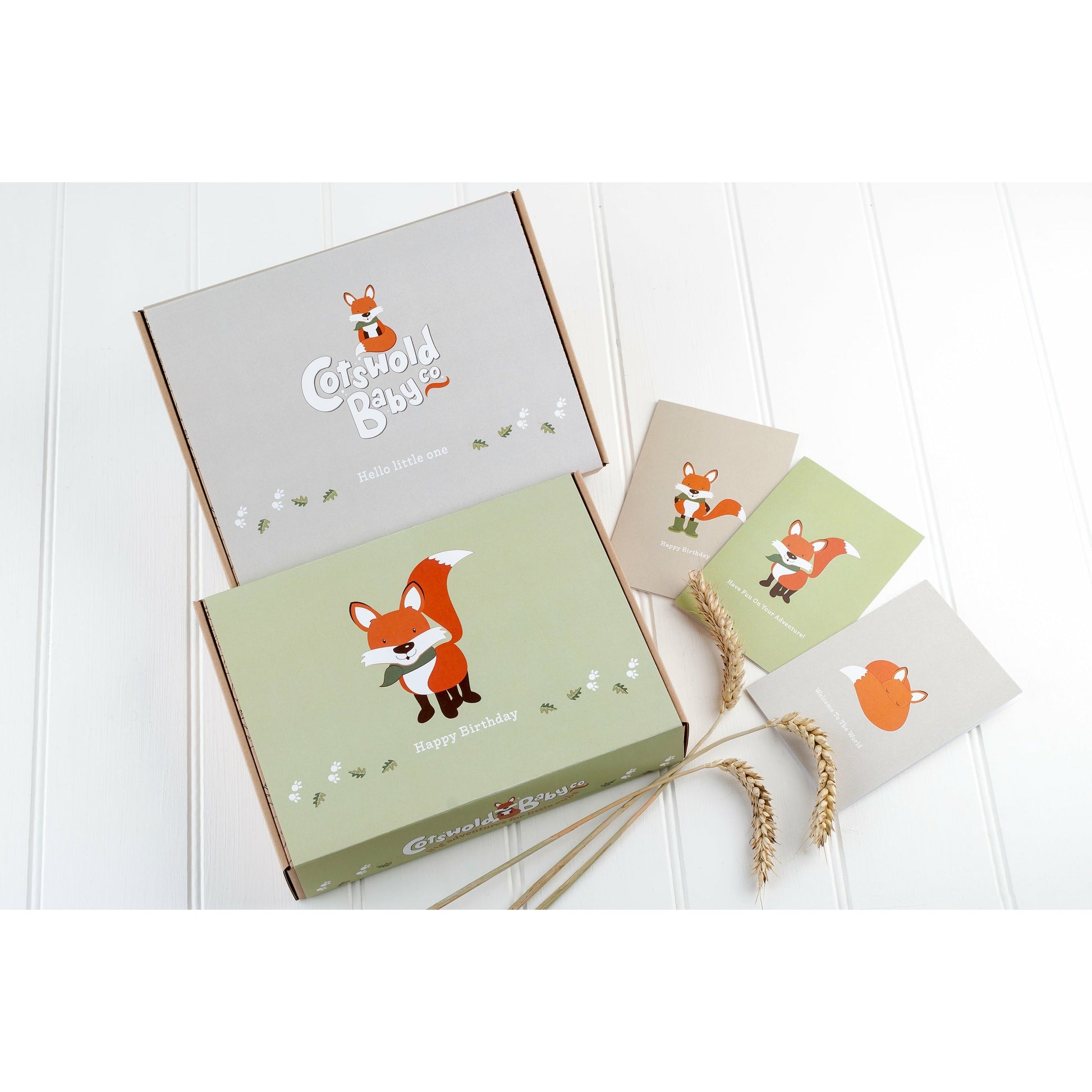 Cotswold Baby Co gift box and gift cards featuring Bertie Fox 
