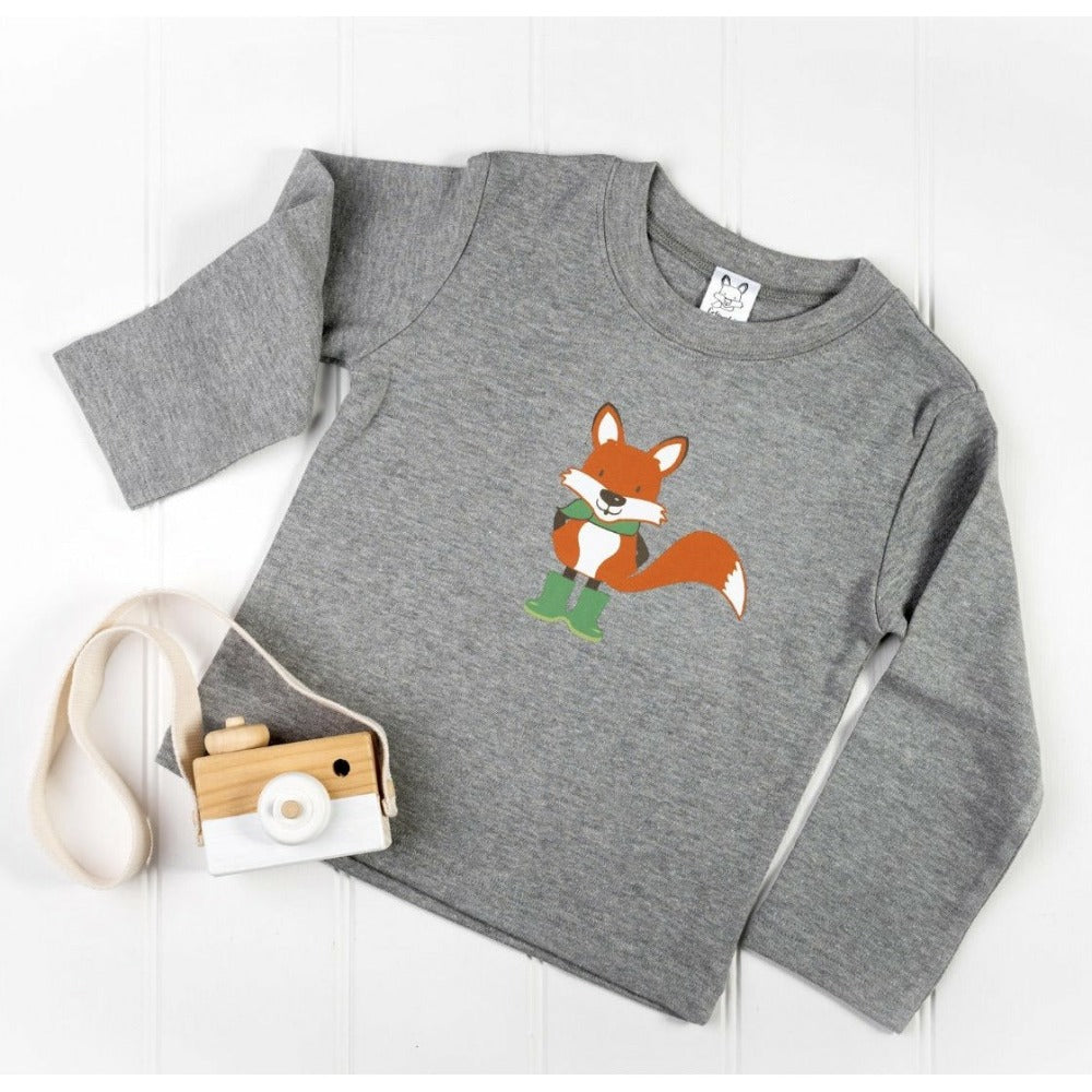 long sleeved grey t-shirt woth orange fox in green wellies on | Cotswold Baby Co